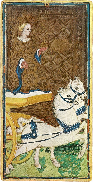 The Triumphal Chariot card from the Visconti-Sforza Tarot deck.